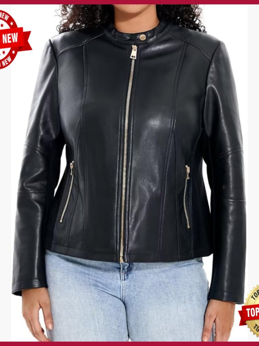 Plus Size Faux Leather Motorcycle Jacket Zip Up Moto Coat Stretch Sleeves